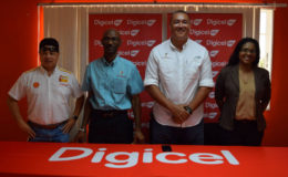  Members of the GSA sanctioned Digicel Senior Squash Championship launch party from right to left- Digicel Communications Manager Vidya Bijlall-Sanichara, GSA President David Fernandes, GSA Executive Garfield Wiltshire and Robin Lowe.*