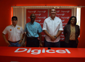  Members of the GSA sanctioned Digicel Senior Squash Championship launch party from right to left- Digicel Communications Manager Vidya Bijlall-Sanichara, GSA President David Fernandes, GSA Executive Garfield Wiltshire and Robin Lowe. *  