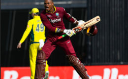 PUMPED UP!  Marlon Samuels celebrates his 10th ODI century and first against Australia. (photo courtesy of WICB media)
