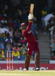 Marlon Samuels hits straight during his superb 125 against Australia on Tuesday. (Photo courtesy WICB Media)  