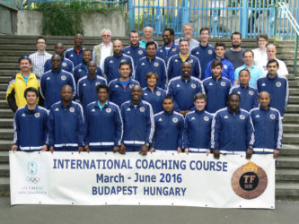 Theo Henry (second from right, front row) poses with the other attendees of the three-month International Coaching Course from the University of Physical Education in Budapest, Hungary.