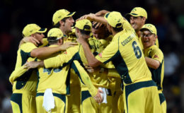 The Australian team celebrate their Tri Series tournament triumph over the West Indies following yesterday’s final. (Cricinfo)