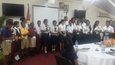 Students of Guyana and Suriname who participated in the first Inter-Guianas Spelling Bee Competition, held yesterday at NCERD. 