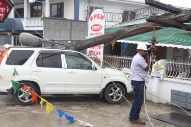 Roy Kirton’s Honda CRV which suffered extensive damage after a utility pole belonging to GPL collapsed on Monday.  
