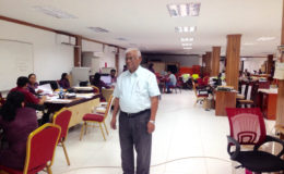 Sattaur Gafoor in the temporary office which was set up after the fire