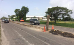 The ongoing construction in the middle of Carifesta Avenue. The pole in the middle marks where lights will be installed.
