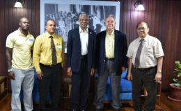 From left are Brinaire Jean; CEO of Food For The Poor (Guyana) Incorporated, Kent Vincent; President David Granger; President and CEO of Food for the Poor’s Florida Office,  Robin Mahfood and Chairman of the Board of Food For The Poor (Guyana) Incorporated, Paul Chan-a-Sue. (Ministry of the Presidency photo)