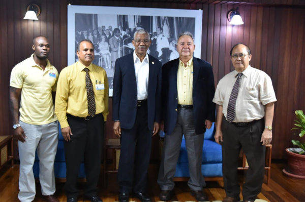 From left are Brinaire Jean; CEO of Food For The Poor (Guyana) Incorporated, Kent Vincent; President David Granger; President and CEO of Food for the Poor’s Florida Office,  Robin Mahfood and Chairman of the Board of Food For The Poor (Guyana) Incorporated, Paul Chan-a-Sue. (Ministry of the Presidency photo)