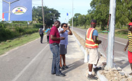 Junior Minister of Public Infrastructure Annette Ferguson yesterday inspecting works done so far on Carifesta Avenue, where the flags and courts of arms of the Caricom member states have been mounted ahead of next week’s Heads of Government summit. Inset are the flag and coat of arms of Haiti. See story on page 2. (Photo by Keno George)