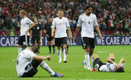 FLASHBACK! Germany’s players were crestfallen after ther Euro 2012 semi-final defeat to Italy and will be seeking to avenge that loss in today’s quarterfinal.
