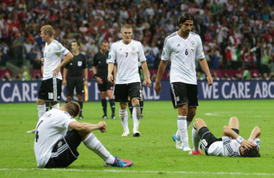 FLASHBACK! Germany’s players were crestfallen after ther Euro 2012 semi-final defeat to Italy and will be seeking to avenge that loss in today’s quarterfinal. 