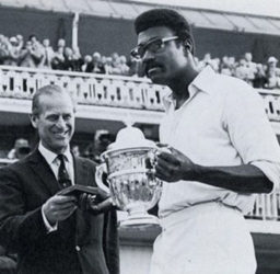 WI Captain Clive Lloyd accepts the 1975 World Cup trophy from the Duke of Edinburgh 