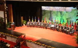 Caricom Heads on stage at the National Cultural Centre last evening as their 37th  regular  meeting opened. 