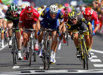 The 237.5 km (147.5 miles) Stage 4 from Saumur to Limoges, France saw Etixx-Quickstep rider Marcel Kittel of Germany (C) winning on the finish line. REUTERS/JEAN-PAUL PELISSIER 