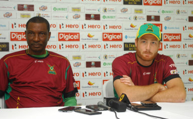 Guyana Amazon Warriors head coach Roger Harper and Captain Martin Guptill during yesterday’s press conference 
