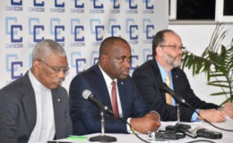 From left: President David Granger co-host, CARICOM Chairman and host Prime Minister of Dominica, Roosevelt Skerrit and Secretary General, CARICOM, Ambassador Irwin La Rocque at the closing press conference. (GINA photo)
