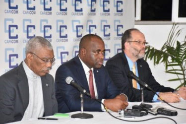 From left: President David Granger co-host, CARICOM Chairman and host Prime Minister of Dominica, Roosevelt Skerrit and Secretary General, CARICOM, Ambassador Irwin La Rocque at the closing press conference. (GINA photo) 