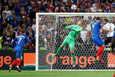 Germany’s Manuel Neuer attempts to claim the ball leading to France’s Antoine Griezmann scoring their second goal REUTERS/Kai Pfaffenbach Livepic