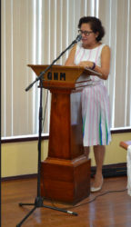 First Lady, Mrs. Sandra Granger making her address at the opening Ceremony of the Guyana Olympic Association’s Women in Sport Seminar yesterday.
