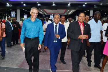Flashback: The Giftland President flanked by the Minister of Business and the Prime Minister at the opening. 