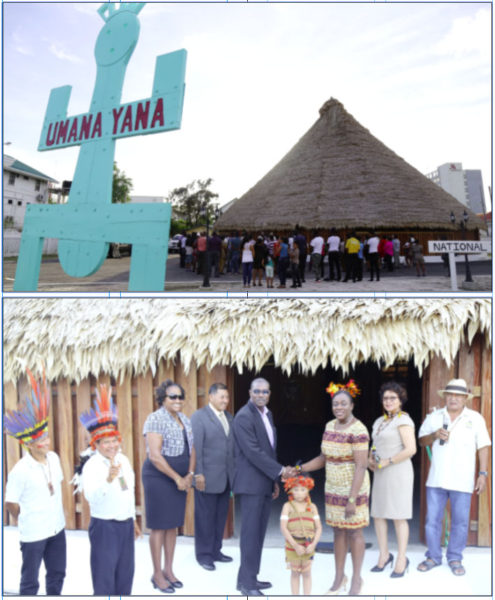 After being destroyed by fire on September 9, 2014 and rebuilt earlier this year, the Umana Yana, a popular cultural meeting place was recommissioned yesterday. It was rebuilt mainly by the Wai Wai people of the Deep South Rupununi at a cost of $66.7m.  Present at the ceremony yesterday were members of the Wai Wai tribe and Ministers David Patterson, Nicolette Henry, Sydney Allicock, Annette Ferguson and Valerie Garrido-Lowe. (Keno George photos)   