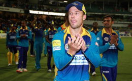 AB de Villiers leads a Barbados Tridents lap of honour following their victory over St Lucia Zouks, in their final home game at Kensington Oval on Sunday night. (Photo courtesy CPL)