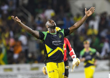 All-rounder Andre Russell celebrates another wicket during his four-wicket haul against Trinbago Knight Riders on Monday night. (Photo courtesy CPL) 
