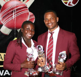 Marlon Samuels (right) and Stafanie Taylor pose with their trophies after sweeping the top awards at the WICB/WIPA Awards Ceremony on Tuesday night. (Photo courtesy WICB)  