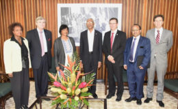 UN team meets President on death penalty: President David Granger (centre) is flanked by, from left to right:  Khadija Musa, Resident Representative of the United Nations; Baron Marc Bossuyt, President Emeritus of the Constitutional Court  and Member of the United Nations Committee on the Elimination of Racial Discrimination; Navi Pillay, former United Nations High Commissioner for Human Rights and Former Judge of the International Court of Justice;  Ivan Simonovic, Assistant Secretary-General, Office of the High Commissioner for Human Rights;  Rajiv Narayan, Senior Policy Adviser, Secretariat of the International Commission against the Death Penalty and Derek Lambe, Head of Political Press and Information Section, Delegation of the European Union in Guyana. The meeting took place yesterday at the Ministry of the Presidency. (Ministry of the Presidency photo)