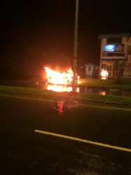 Shameer Mohamed’s car in flames.  