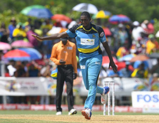  Left-arm seamer Delorn Johnson celebrates another wicket during his three-wicket haul against Jamaica Tallawahs on Saturday. (Photo courtesy CPL) 