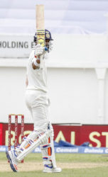 Lokesh Rahul celebrates reaching his half-century against West Indies yesterday. (Photo courtesy WICB Media)