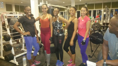 Five of the competing females (Delice Adonis, Xamara Kippins, Adiola Frank, Addis Castello and Vanessa Small) pose for a photograph after a hard workout at the Fitness Paradise Gym. Pix saved as Vanessa31 