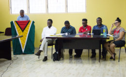 At the podium is SASOD’s Assistant Treasurer and LCF’s Health Advocate Trevon Garner. Members of the head table (left to right) are Joel Simpson, SASOD’s Managing Director; Yanick Copeland, LCF’s Prevention Coordinator for Key Populations; Vernon Todd, FCSF’s Executive Director; Keenan Williams, Chairperson of the Social Development Committee of the Linden Town Council; and Caitlin Sullivan, Region 10 Health Volunteer with Peace Corps Guyana. (SASOD Photo)