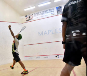 Alex Cheeks of Guyana exults after his hard fought four set win over Jasun Sairsingh which gave Guyana victory in the boys team event.