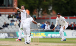 MANCHESTER, England,(Reuters) - James Anderson, Moeen Ali and Chris Woakes took three wickets apiece as England completed a thumping 330-run win over Pakistan on the fourth day of the second test at Old Trafford yesterday.
Chasing a mammoth 565 for victory, Pakistan found batting no easier second time round and were dismissed for 234 in the final session as England levelled the four-match series at 1-1.
“It’s quite nice to bounce back and play like that,” said captain Alastair Cook. “You have to consign the last test to the bin.
“Joe Root’s performance, stepping up to number three in the order from four, was so controlled. We all know what a world-class player he is, he didn’t put a foot wrong.”
Root was named man of the match after following his brilliant 254 in the first innings with 71 not out in the second.
Anderson got the ball rolling for England on Monday when he removed Shan Masood for one, the opener edging a ball to Cook at first slip, before he also trapped Azhar Ali plumb lbw for eight.
Younus Khan then had a left-off before lunch when he was dropped in the slips by Cook off Ben Stokes.
It proved a frustrating day for Stokes who later limped off with a calf injury.
Opener Mohammad Hafeez looked reasonably secure but fell on 42 when he was caught by Gary Ballance at short-leg off a full delivery by Moeen.
Younus continued to live dangerously and his patience snapped when he tried to launch a Moeen delivery over the long-on boundary but was caught inside the rope by Alex Hales for 28.
INSIDE EDGE
Captain Misbah-ul-Haq smashed Moeen for six and played aggressively for his 35 before he was bowled by Woakes off an inside edge just before tea.
Sarfraz Ahmed was caught down the leg-side by wicketkeeper Jonny Bairstow off Woakes for seven, Anderson trapped Asad Shafiq lbw for 39 and Moeen had Yasir Shah lbw for 10.
Wahab Riaz top-edged Joe Root to Cook at short fine leg for 19 and Mohammad Amir, after making an entertaining 29, drove Woakes to Stuart Broad at mid-off.
Earlier, Cook and Root piled on the runs in the morning session, the captain making 76 not out as England declared on 173 for one.
“This is a big disappointment for us,” said Pakistan skipper Misbah. “We could have scored around 400 in the first innings (instead of 198), the ball wasn’t doing anything much.
“We are short of confidence and shot selection really cost us. These guys are strong characters though, mentally strong, and I’m hopeful that everybody is hurt and they will really work hard.”
The third test in Birmingham starts on Aug. 3.
