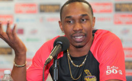 Trinbago Knight Riders captain Dwayne Bravo speaks during a media conference at Kensington Oval on Friday. (Photo courtesy CPL) 