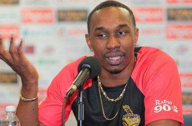 Trinbago Knight Riders captain Dwayne Bravo speaks during a media conference at Kensington Oval on Friday. (Photo courtesy CPL) 