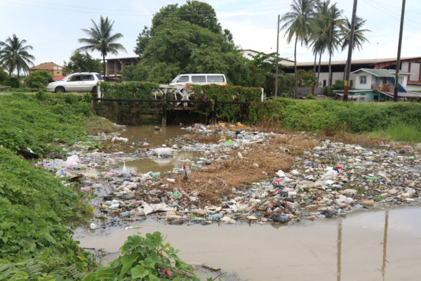This trench at Good Hope, East Coast Demerara was swollen with water from the heavy rainfall but also clogged with garbage. One resident said that people from surrounding communities habitually dumped their rubbish in the waterway. (Photo by Keno George)