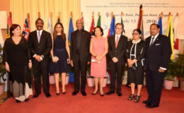 From left are:  Maria Cristina Perceval, UNICEF’s Regional Director for Latin America and the Caribbean; Attorney General and Minister of Legal Affairs,  Basil Williams; Mrs. Williams;  President David Granger; First Lady, Sandra Granger; Secretary-General of the Hague Conference on Private International Law, Dr. Christophe Bernasconi;  Sita Nagamootoo and Prime Minister,  Moses Nagamootoo.  (Ministry of the Presidency photo)