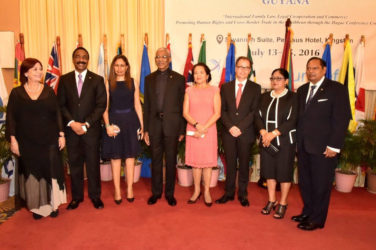 From left are: Maria Cristina Perceval, UNICEF’s Regional Director for Latin America and the Caribbean; Attorney General and Minister of Legal Affairs, Basil Williams; Mrs. Williams;  President David Granger; First Lady, Sandra Granger; Secretary-General of the Hague Conference on Private International Law, Dr. Christophe Bernasconi; Sita Nagamootoo and Prime Minister, Moses Nagamootoo.  (Ministry of the Presidency photo) 
