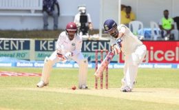 Opener Lokesh Rahul drives during his third Test hundred against West Indies at Sabina Park on Sunday. (Photo courtesy WICB Media)
