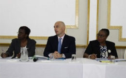From left are: Delma Nedd, Permanent Secretary, Ministry of Education; UNICEF Deputy Representative to Guyana and Suriname, Paolo March and Chief Education Officer (Ag) Donna Chapman. (GINA photo)
