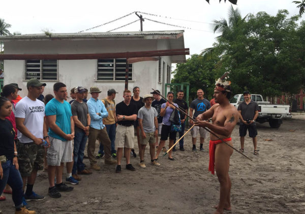 St. Cuthbert’s Toshao, Lennox Shuman, demonstrates the proper use of an indigenous bow and arrow (US Embassy photo)