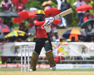 Denesh Ramdin cuts during his unbeaten 52 against St Kitts and Nevis Patriots yesterday. (Photo courtesy CPL) 