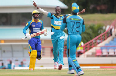 St Lucia Zouks captain Darren Sammy celebrates one of his three wickets against Barbados Tridents yesterday. (Photo courtesy CPL) wicket of Ahmed Shahzad (out of shot) as Andre Fletcher (R) completes the catch and Kyle Hope (L) looks on during Match 22 of the Hero Caribbean Premier League St Lucia Zouks v Barbados Tridents at the Daren Sammy Cricket Stadium in Gros Islet, St Lucia. Photo by Ashley Allen/Sportsfile