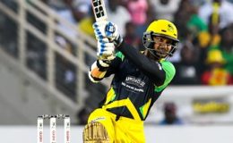 Sri Lankan Kumar Sangakkara drives through the off-side during his top score of 65 against St Kitts and Nevis Patriots on Saturday night. (Photo courtesy CPL)