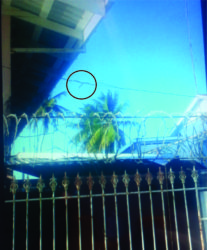 The exposed wire (circled) Asraf Hoosaney came into contact with while working on the shed at the bond on Tuesday 
