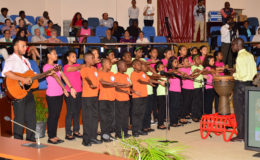 The children’s choir from the Tina Insanally Foundation performing at the opening of the Fourth International Congress on Biodiversity of the Guiana Shield at the Arthur Chung Convention Centre last evening. (Ministry of the Presidency photo)