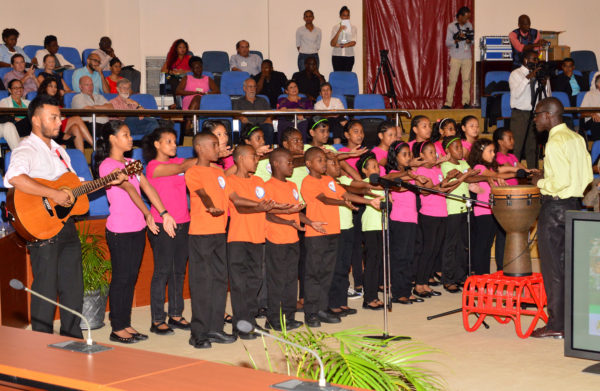 The children’s choir from the Tina Insanally Foundation performing at the opening of the Fourth International Congress on Biodiversity of the Guiana Shield at the Arthur Chung Convention Centre last evening. (Ministry of the Presidency photo)